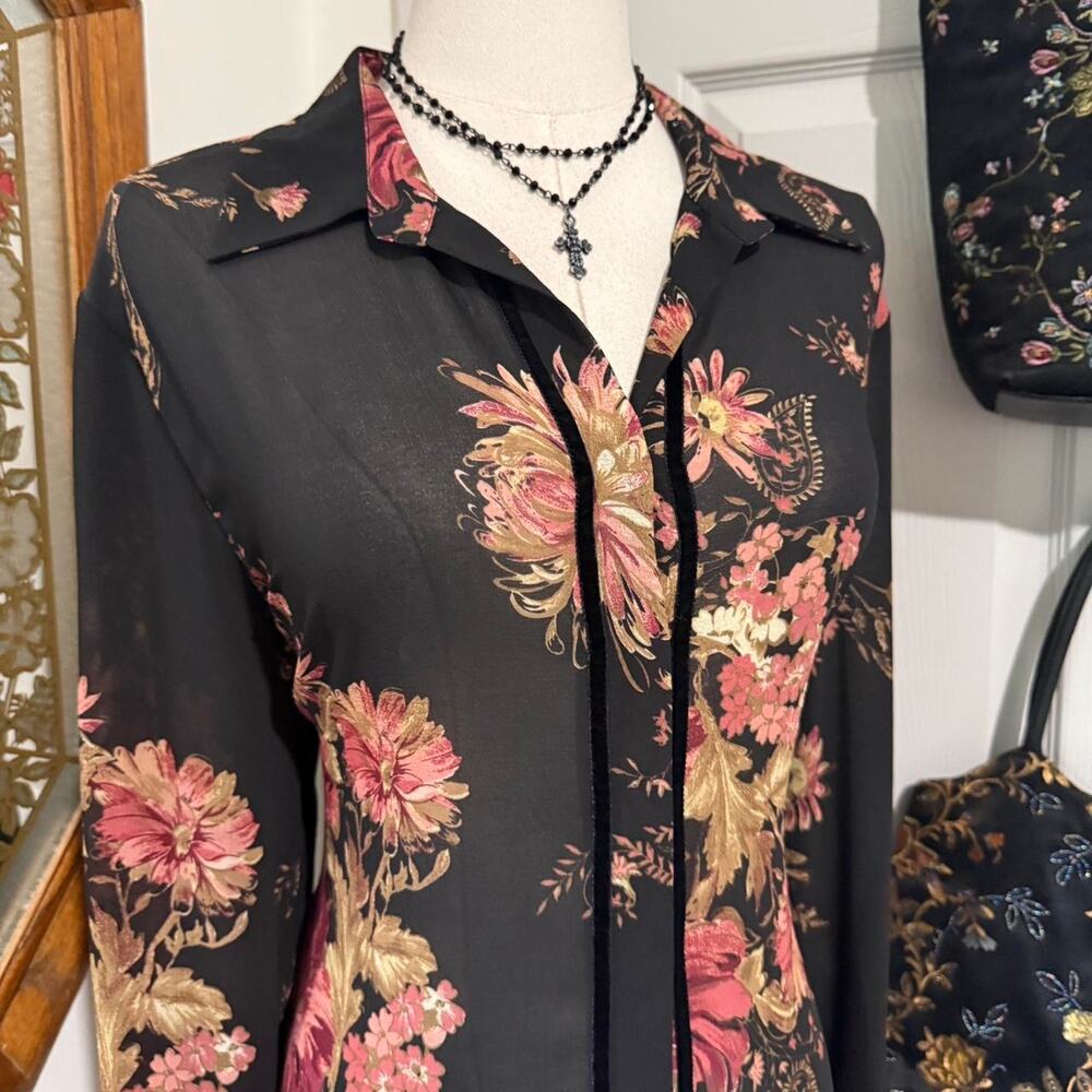 VTG Y2K Emma James Sheer Black Pink Floral Long Sleeve Button Up Dark Femme Top - Picture 2 of 8